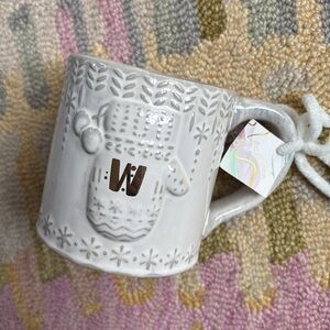 Anthropologie Snowcap Reactive-Glazed Monogram “W” Mug Pom Pom mitten NWT
